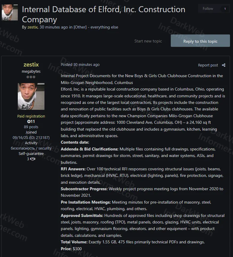 Elford, Inc. Construction Project Files Allegedly Stolen - 475 Documents Exposed