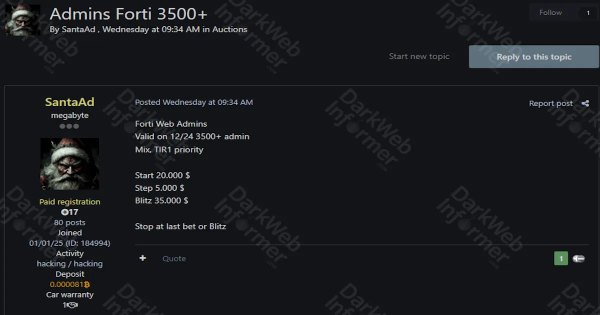 Alleged sale of unauthorized Forti web admin access to unidentified organizations