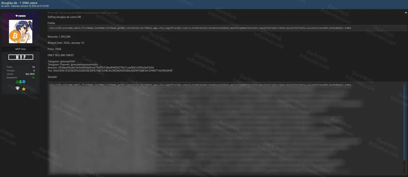 Alleged Data Sale of 1.39 Million Douglas Cosmetics Customer Records