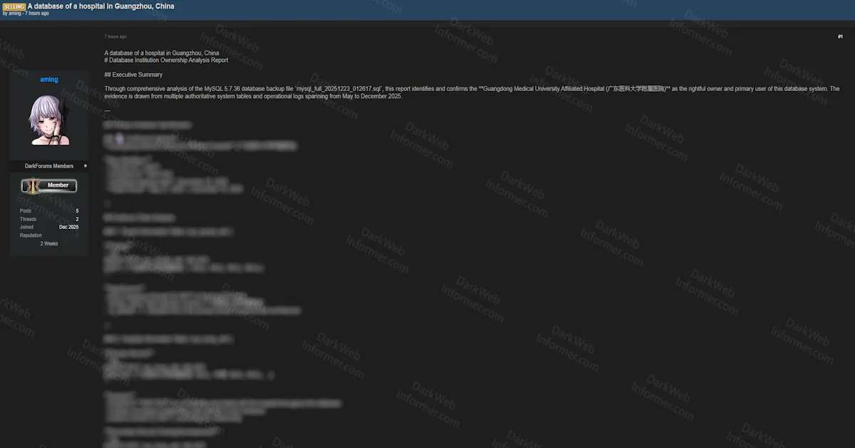 Guangdong Medical University Affiliated Hospital Database Allegedly for Sale with 1.4GB of Patient and Clinical Data