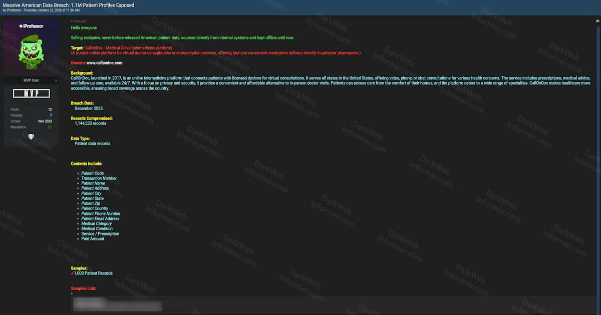 CallOnDoc Telemedicine Platform Allegedly Breached, Exposing 1.14 Million Patient Records Including Medical Conditions