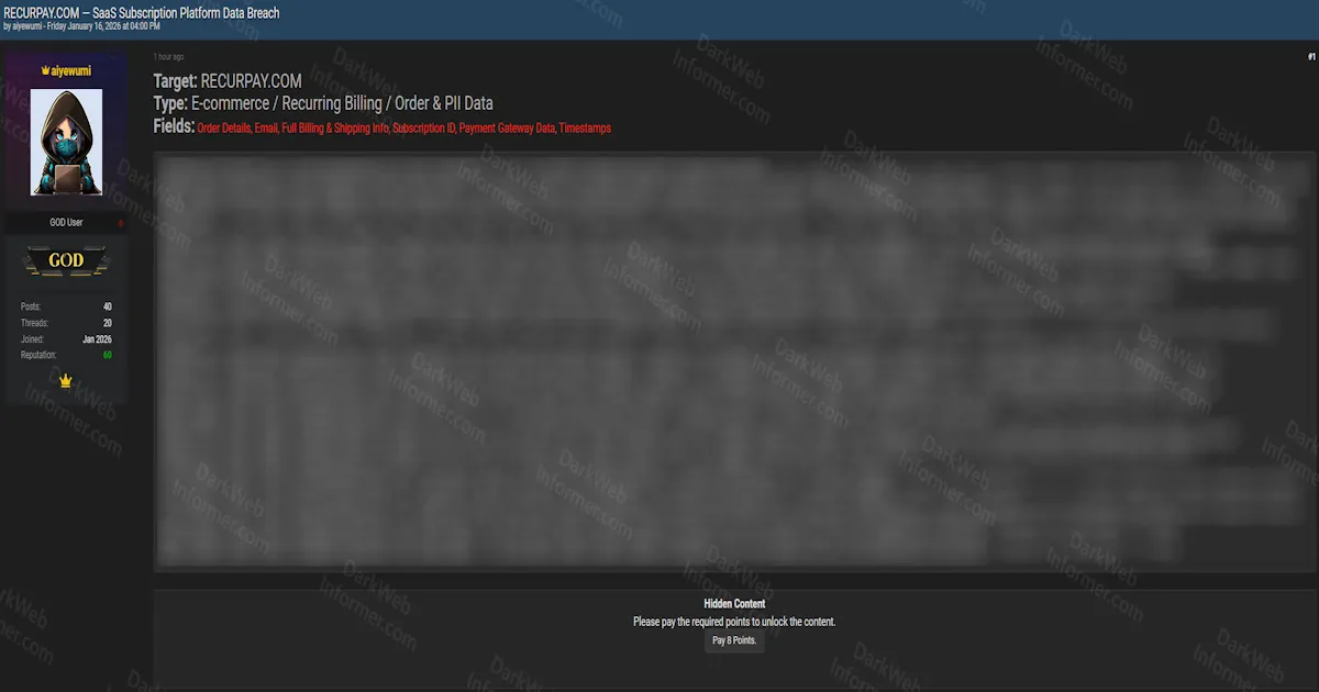Recurpay SaaS Subscription Platform Allegedly Breached Again, Exposing Order and Payment Data
