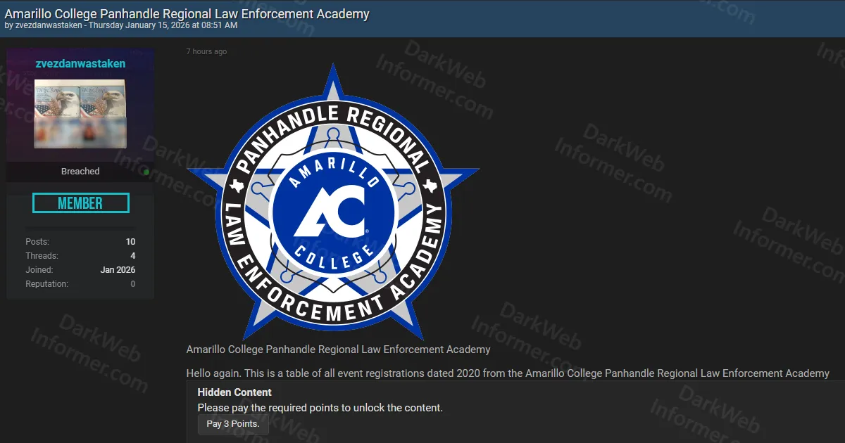 Amarillo College Panhandle Regional Law Enforcement Academy Allegedly Breached, Exposing 11,253 Event Registration Records