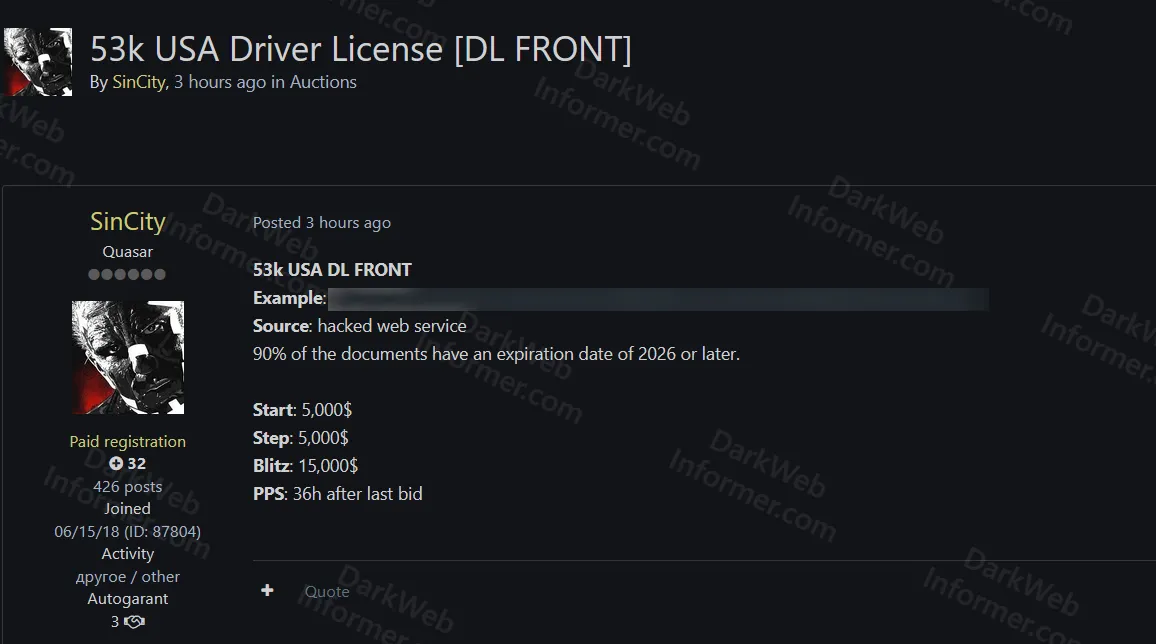 53,000 USA Driver License Images Allegedly for Sale on Exploit Forum