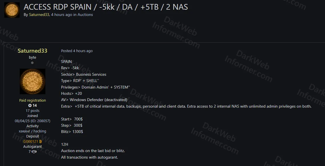 Unauthorized RDP Access to Spanish Business Services Organization Allegedly for Sale with Domain Admin Privileges