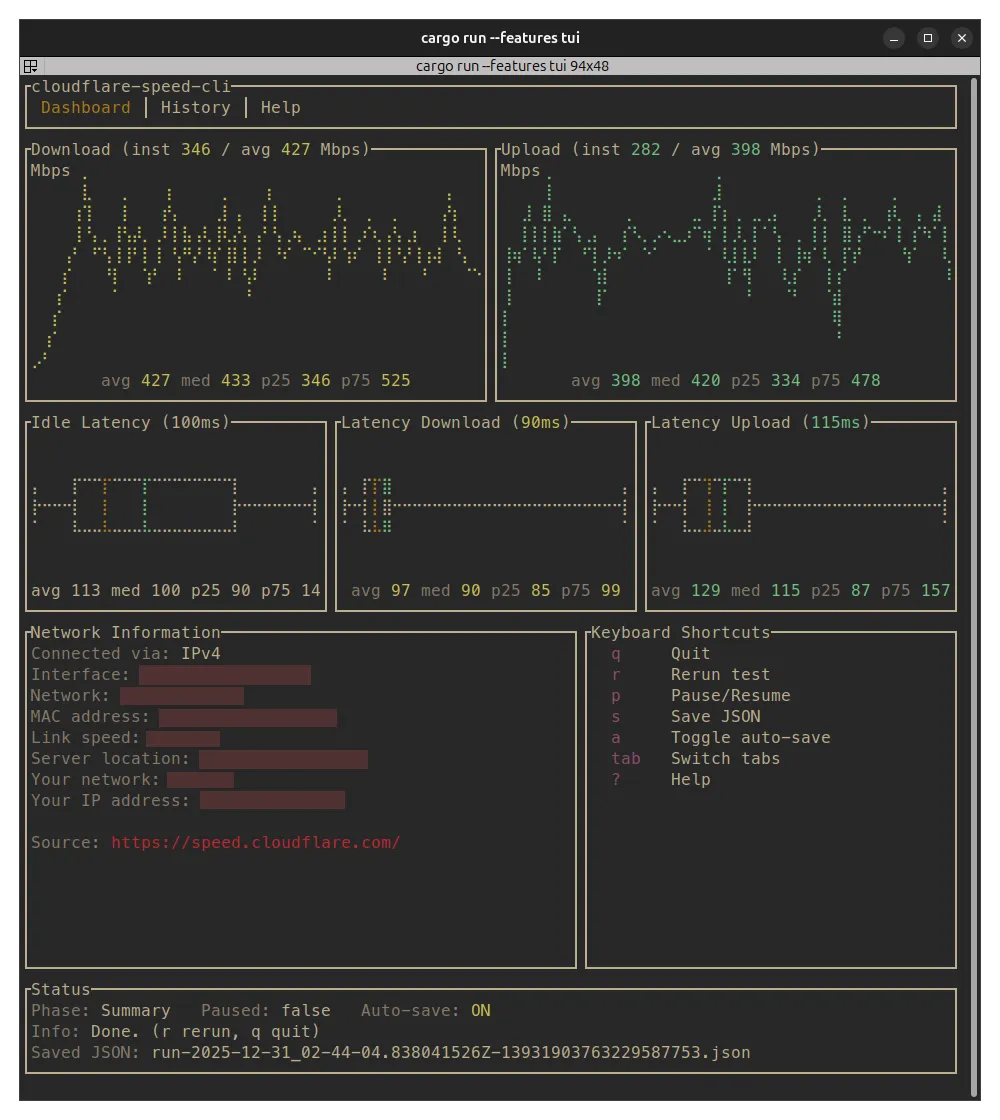 cloudflare-speed-cli: A CLI tool that displays network speed test results from Cloudflare's speed test service in a TUI interface