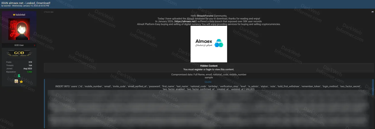 Almaex Iranian Cryptocurrency Exchange Breach Allegedly Exposes Over 50,000 User Records