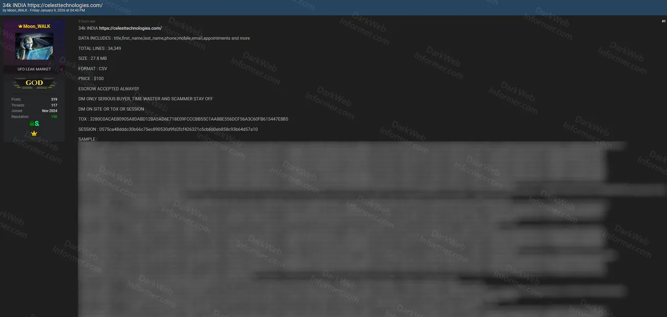 Threat actor allegedly selling a 34k-record database from CelesteTechnologies.com