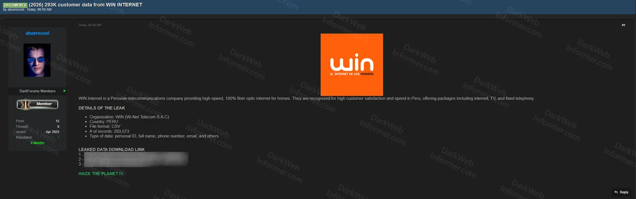 Peruvian ISP WIN Internet Suffers Data Breach Exposing 293K Customer Records