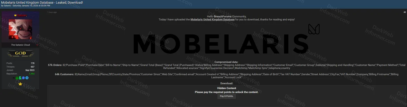 Alleged Data Breach of UK Furniture Retailer Mobelaris Exposing 57,000 Orders and 64,000 Customer Records