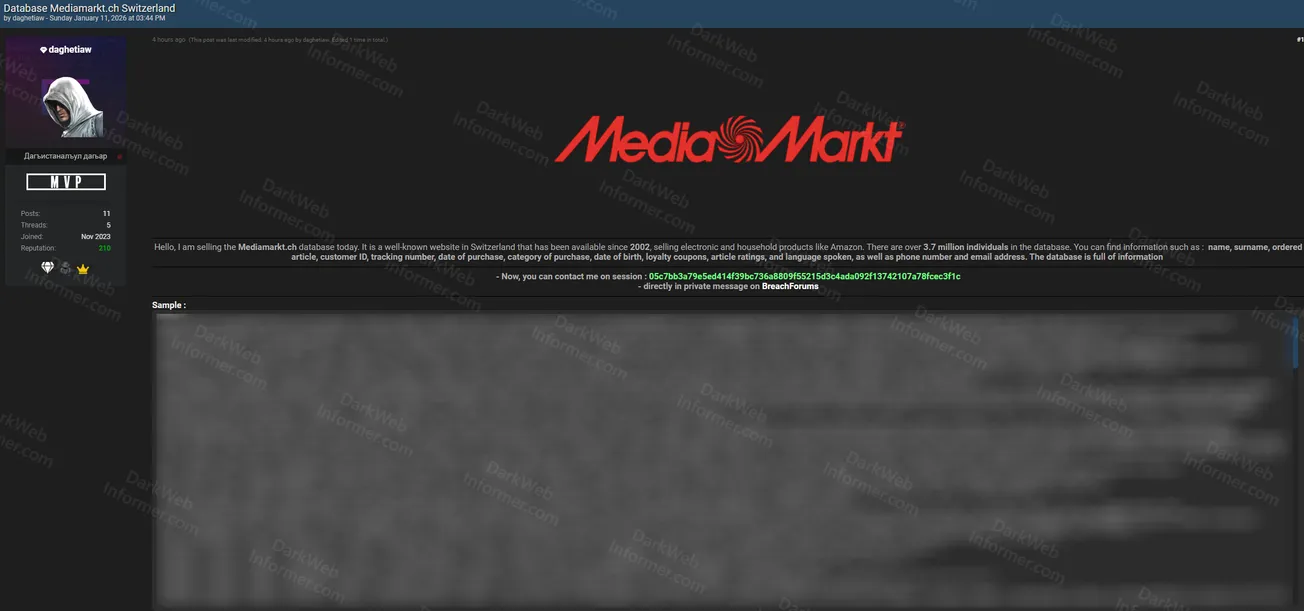 Alleged Data Breach of MediaMarkt Switzerland Exposing 3.7 Million Customer Records