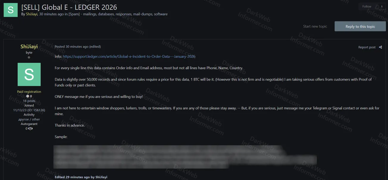 Ledger Customer Data Allegedly Exposed via Global-e Third-Party Breach Affecting 50K+ Orders