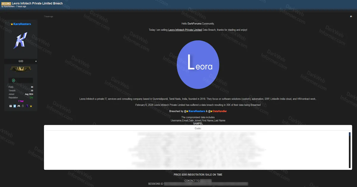 Indian IT Firm Leora Infotech Allegedly Breached, 35K User Records Listed for Sale