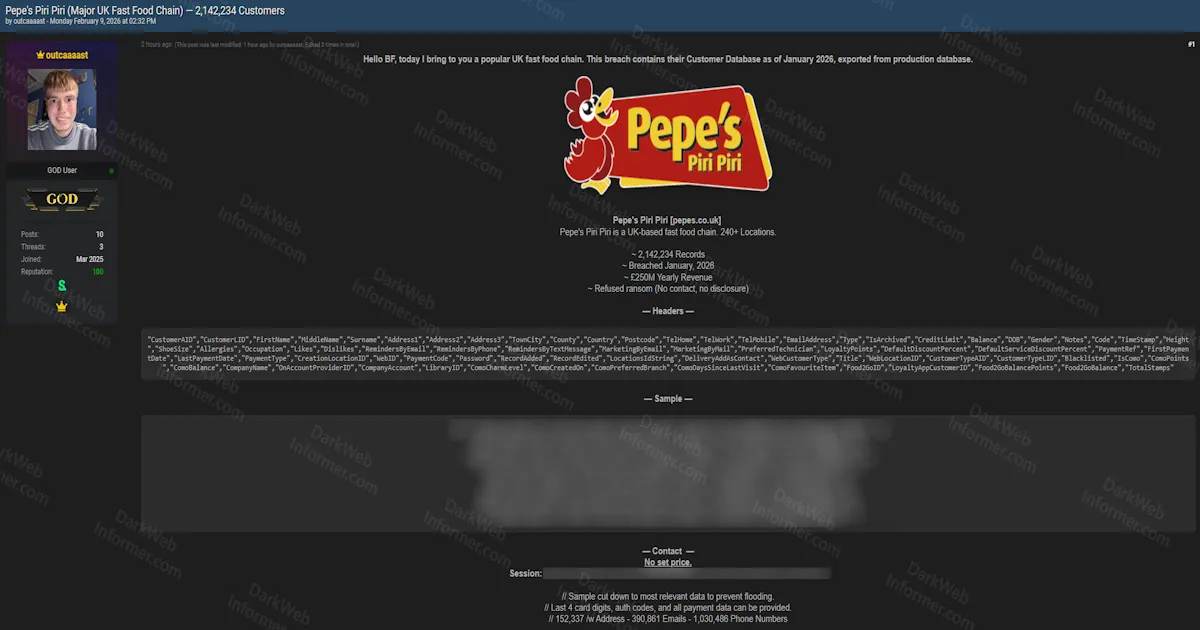 UK Fast Food Chain Pepe's Piri Piri Allegedly Breached After Refusing Ransom, 2.1 Million Customer Records Leaked