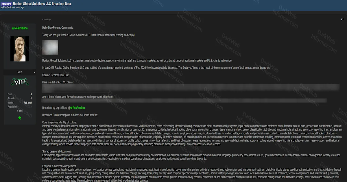 Major US Debt Collection Agency Radius Global Solutions Allegedly Breached, Employee HR Data and Client Information Exposed