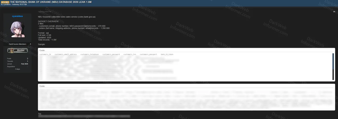 Alleged Data Breach of the National Bank of Ukraine Souvenir Coin Service Exposes 1.5 Million Records