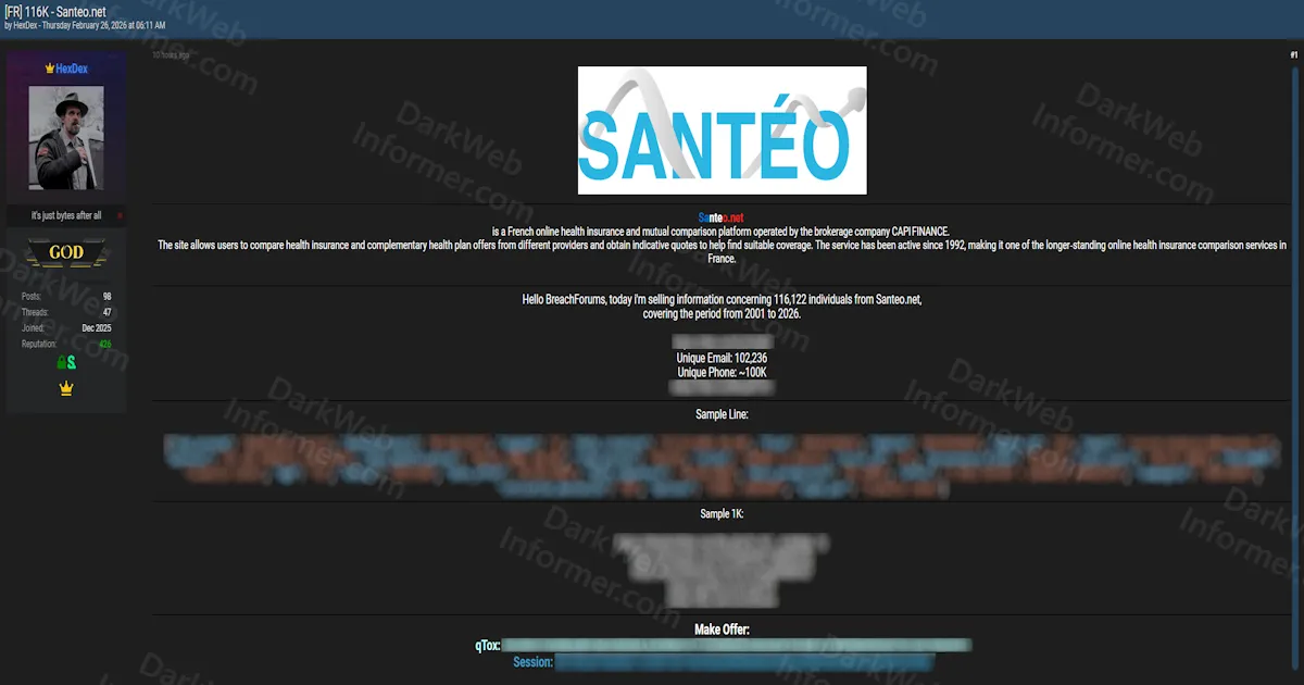 Alleged Sale of 116,000 User Records from French Insurance Comparison Site Santeo