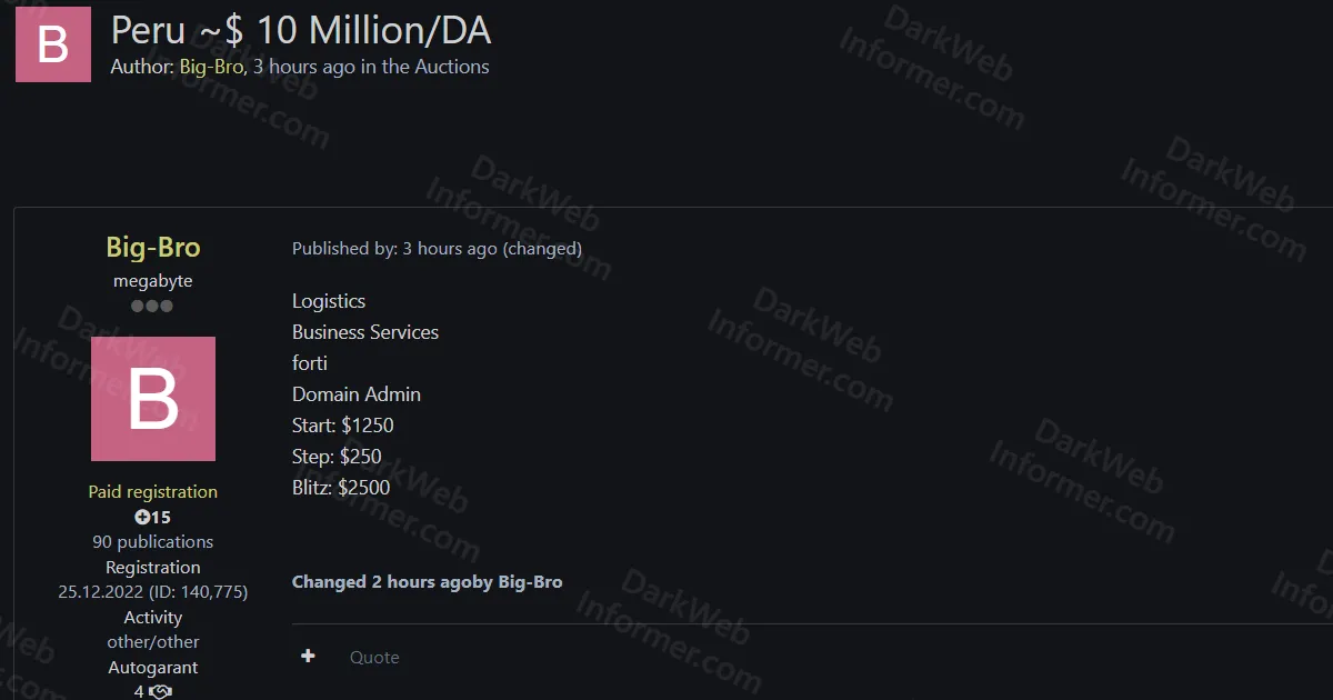 Alleged Auction of Domain Admin Access to Peruvian Logistics Company Worth $10 Million