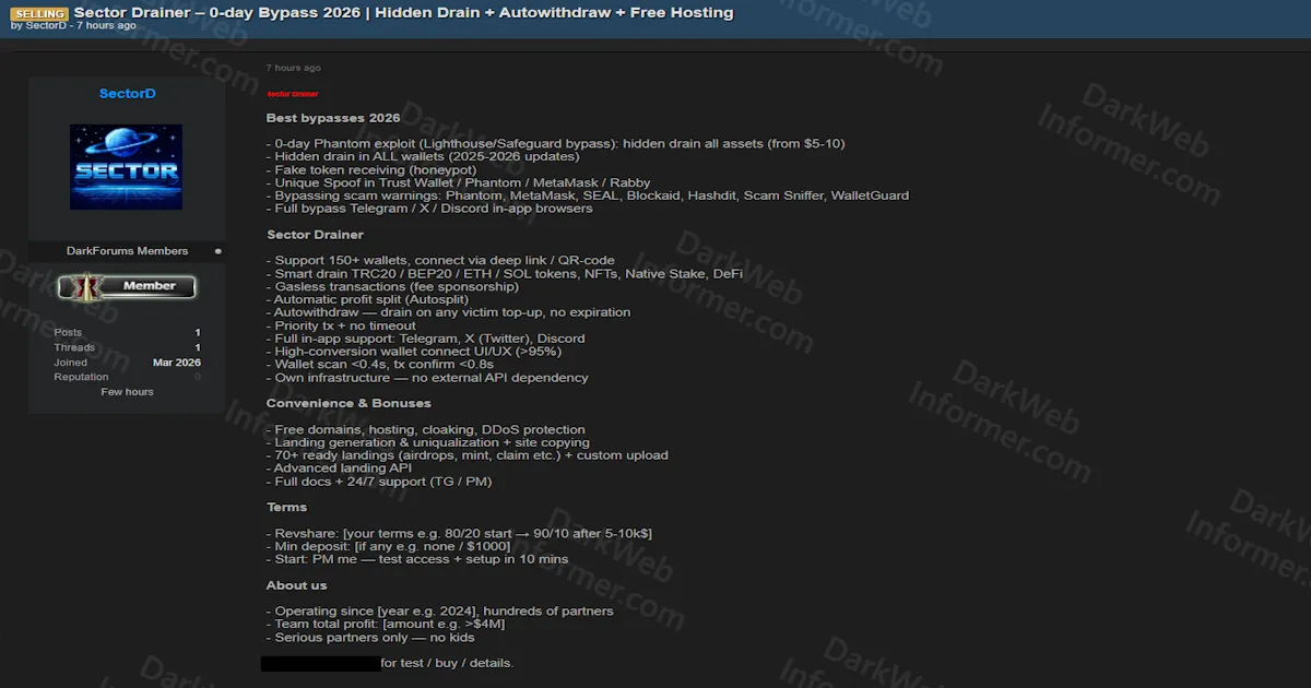 Sector Drainer Advertised as Crypto Wallet Drainer-as-a-Service With 0-Day Phantom Bypass, Hidden Drain, and Autowithdraw Capabilities