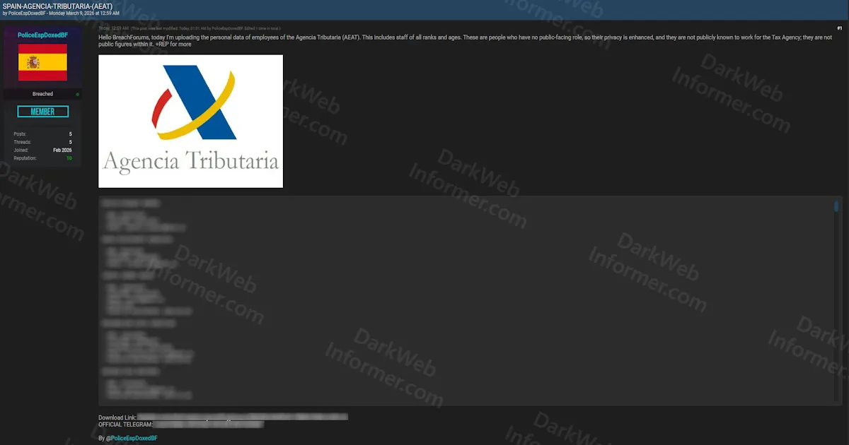 Personal Data of Agencia Tributaria (AEAT) Employees Allegedly Leaked Including Staff of All Ranks and Ages