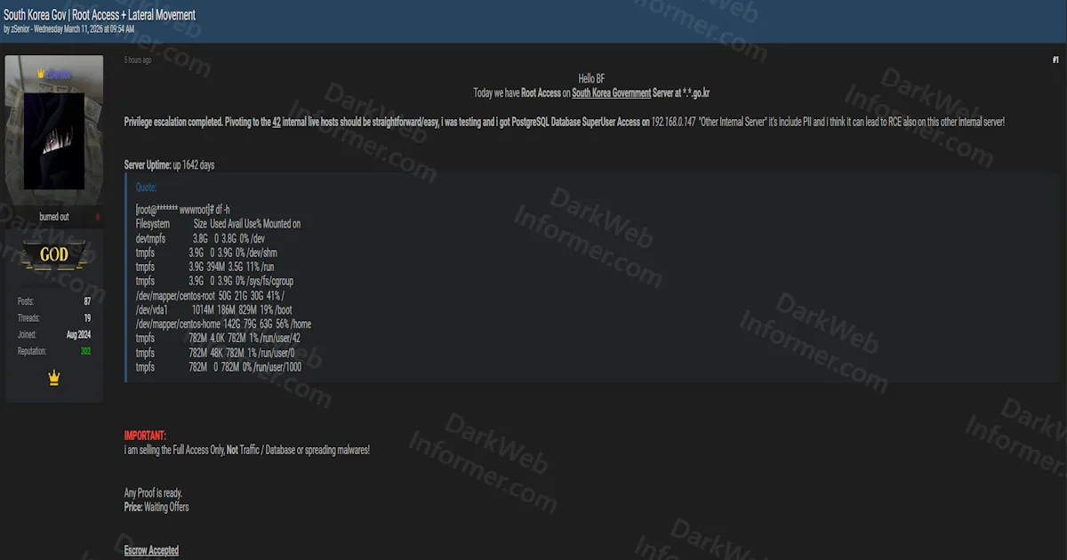 Threat Actor Selling Root Access to South Korean Government Server With Lateral Movement to 42 Internal Hosts