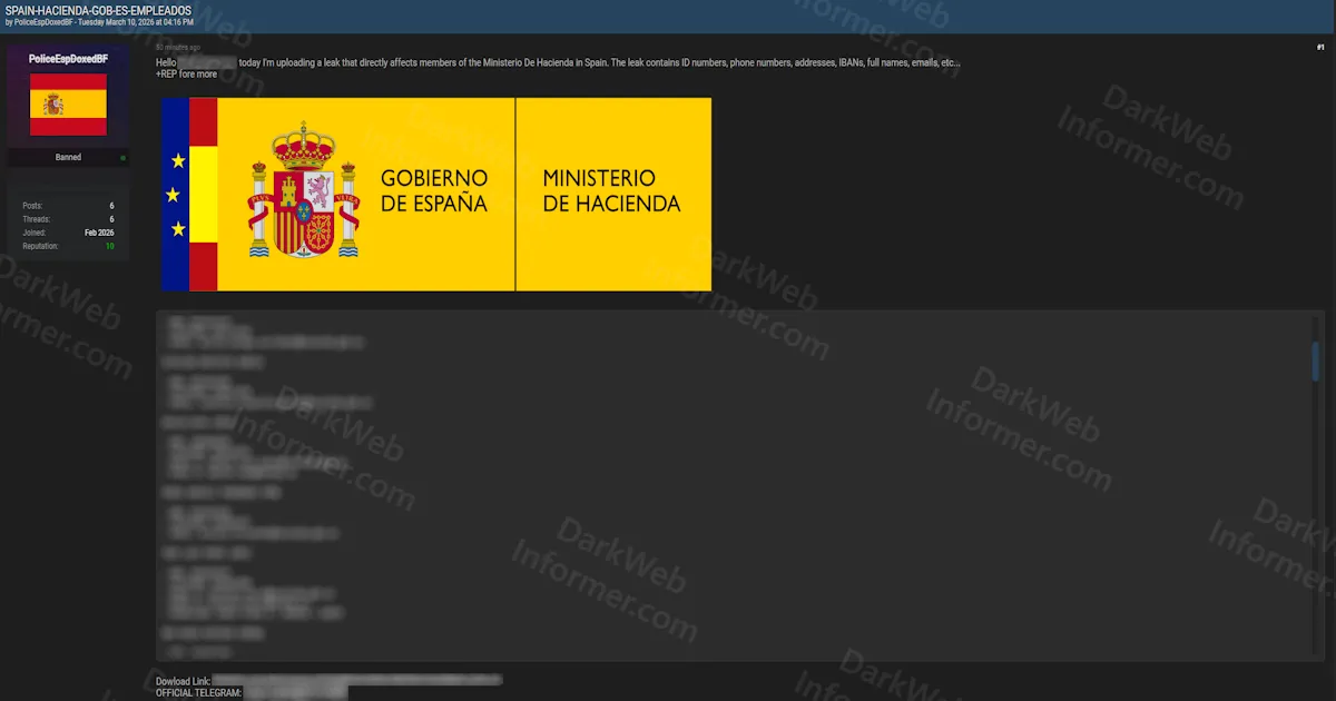 Alleged Leak of Spanish Ministry of Finance Employee Data Including IDs, IBANs, and Personal Information
