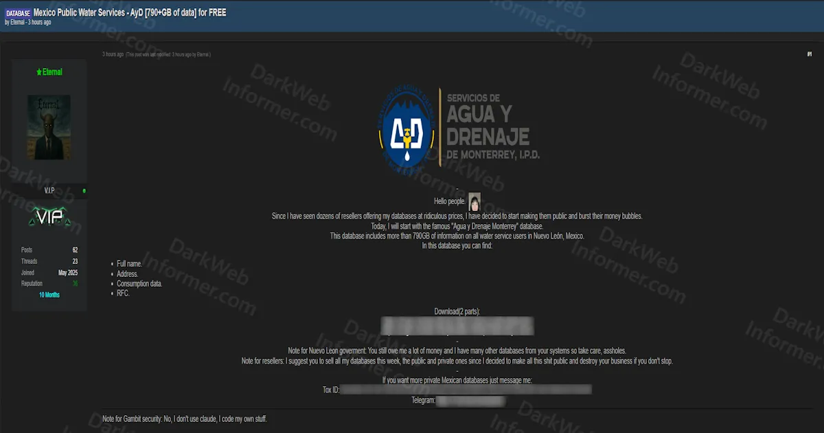 790GB Database From Agua y Drenaje de Monterrey Leaked for Free Covering All Water Service Users in Nuevo León
