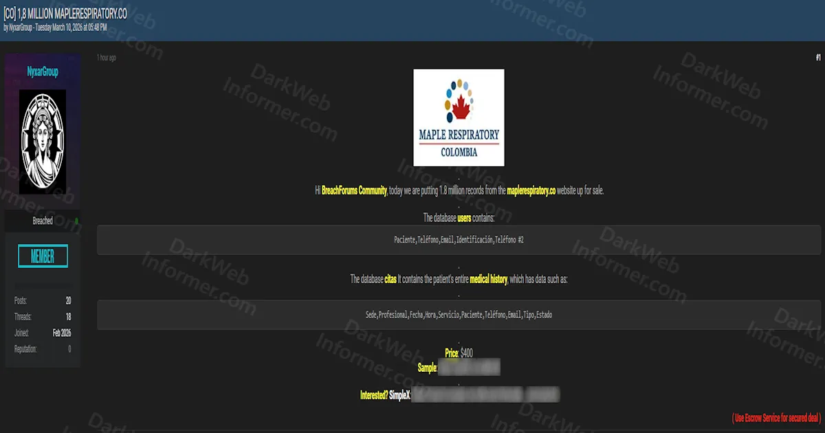 Alleged Sale of 1.8 Million Patient Records From Maple Respiratory Colombia Including Full Medical History