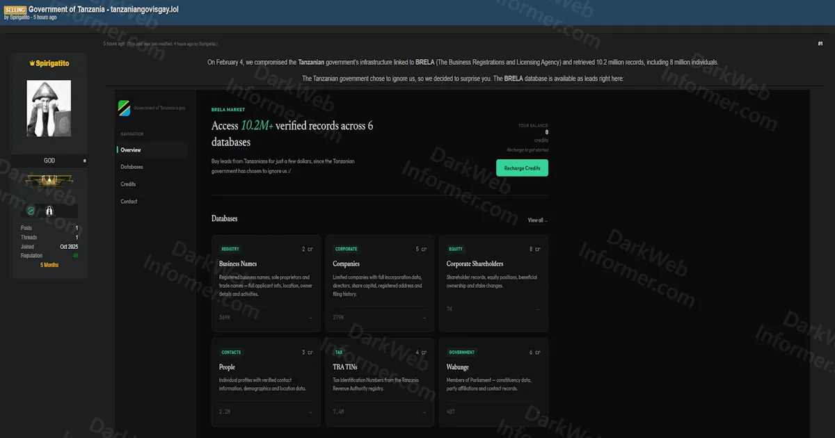Alleged Breach of Tanzania's BRELA Government Database Exposes 10.2 Million Records Including 8 Million Individuals
