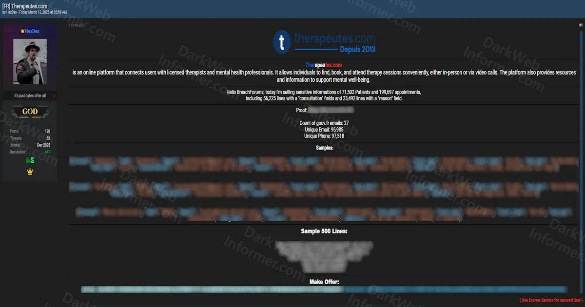Alleged Breach of Therapeutes Exposes 71,500 Patient Records and 199,000 Therapy Appointments From French Mental Health Platform